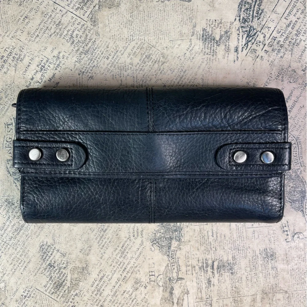 Fossil Black Leather Trifold Wallet Organizer Snap Closure Multi Compartment